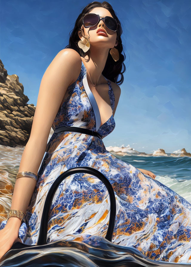 Stylized illustration of woman by the sea in blue dress
