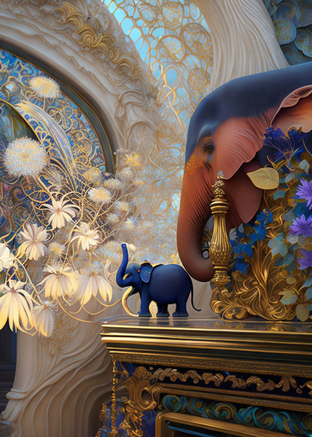 Whimsical image of large elephant with tassels and miniature blue counterpart on ornate golden pedestal