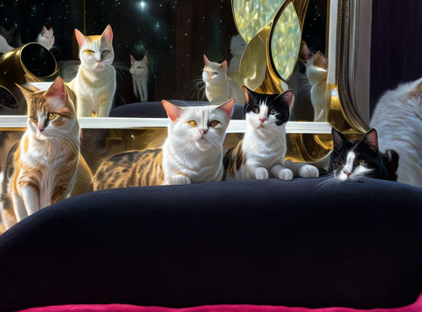 Group of Cats Relaxing in Vehicle with Cosmic Background