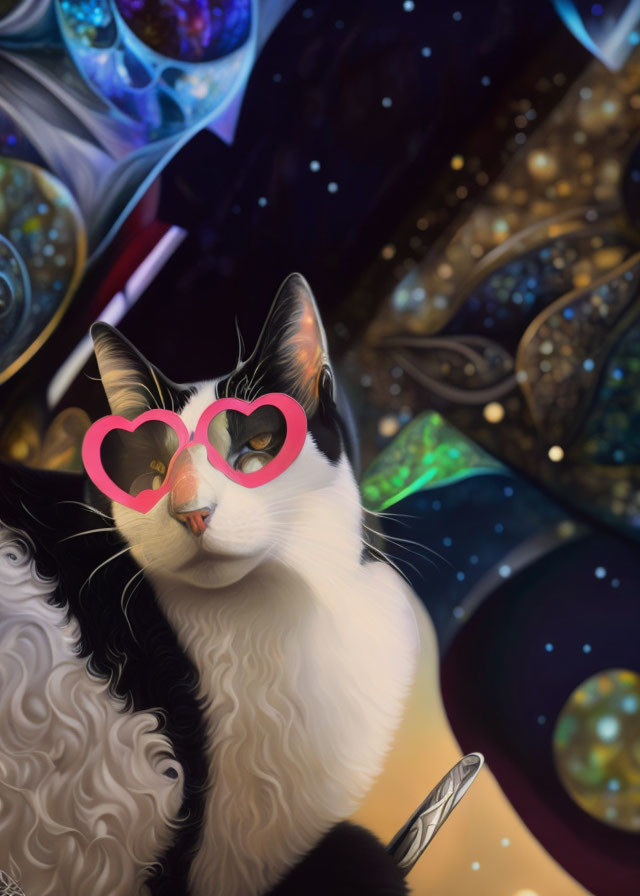 Whimsical black and white cat with pink heart sunglasses on space-themed background