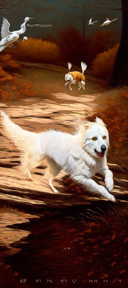 White Dog Running Through Autumnal Forest with Birds and Rabbit