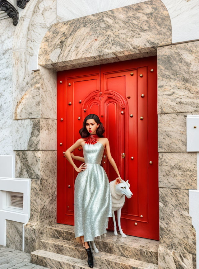 Woman in Glittery Silver Dress Poses by Vibrant Red Door with White Dog