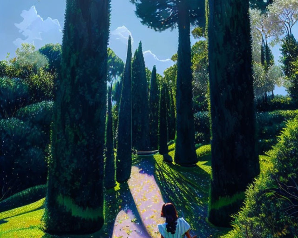 Person walking down sunlit path with cypress trees and lush greenery.