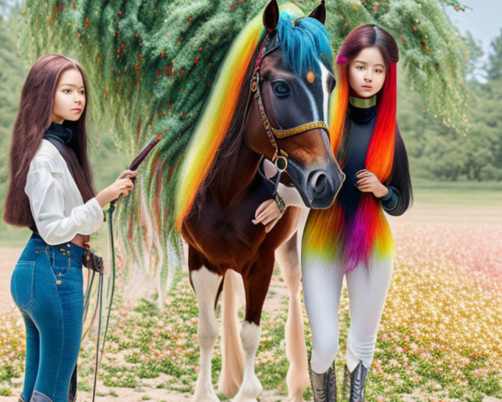 Two women with colorful hair and a vibrant horse in a flower field.