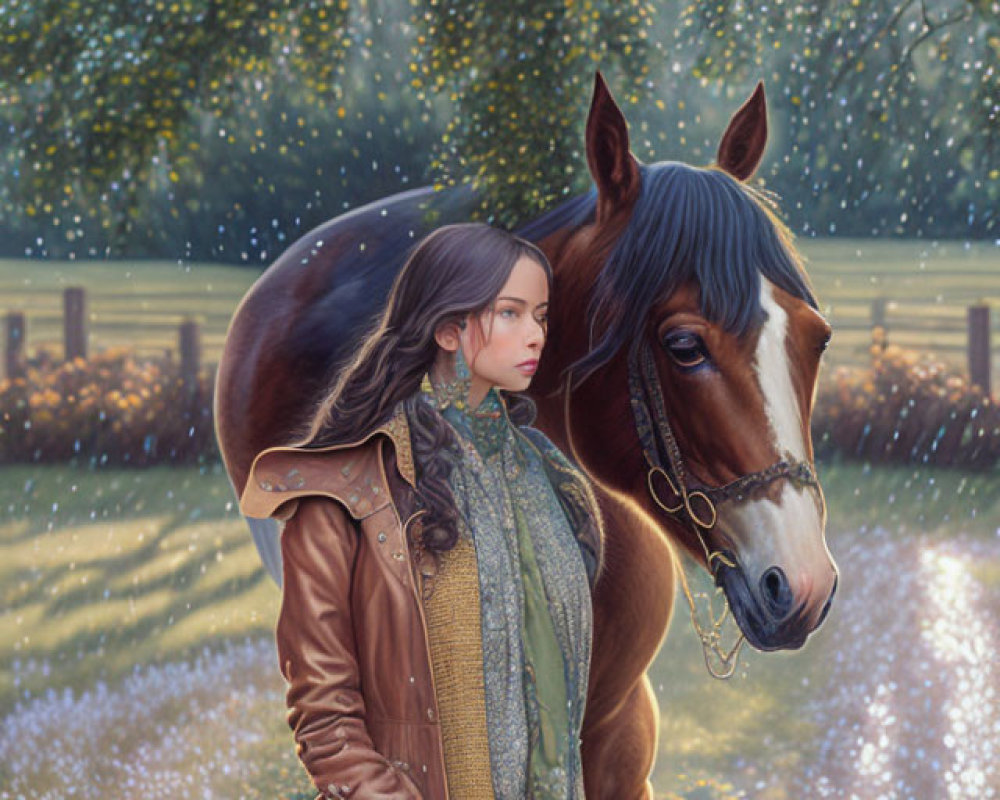 Woman in leather jacket with brown horse in magical setting