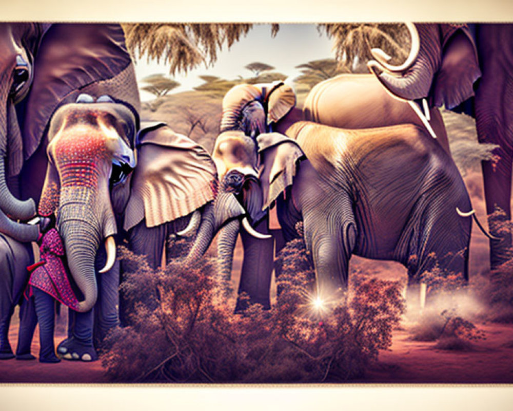 Colorful Elephants in Desert Landscape with Palm Trees