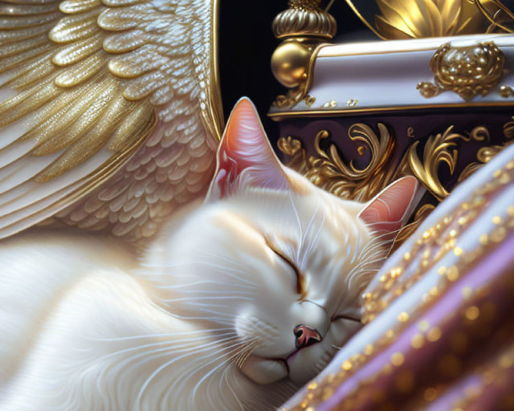White Cat Sleeping Surrounded by Gold Objects and Doves