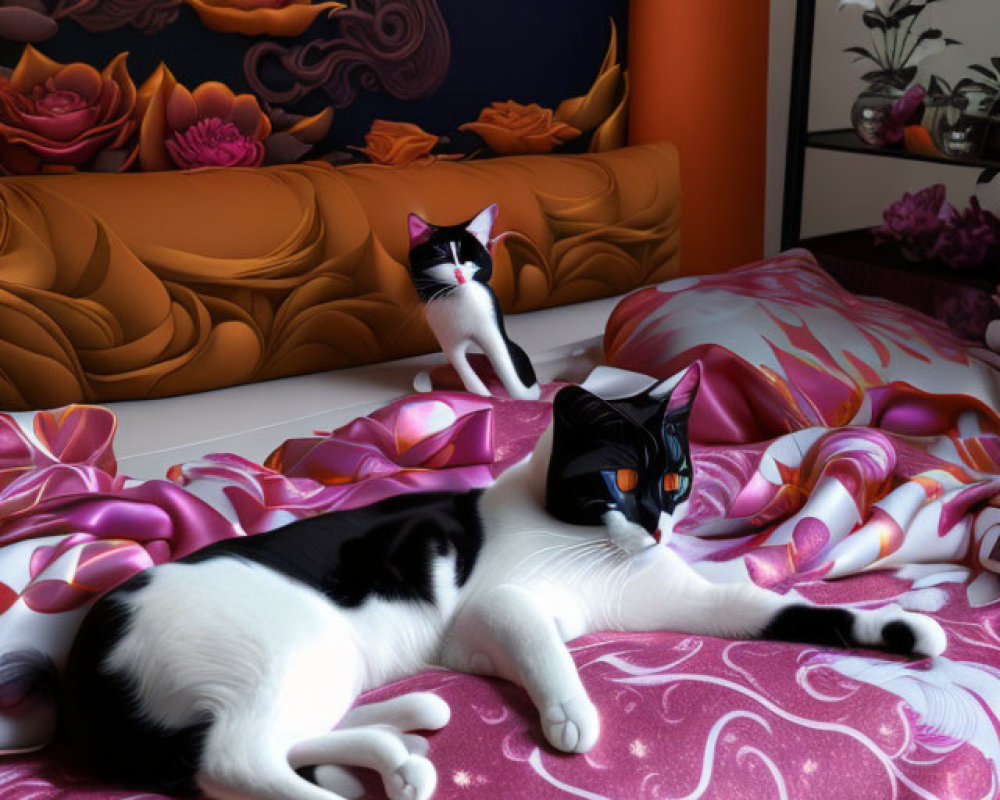 Two cats relaxing in a colorful room with decorative walls and a brown sofa