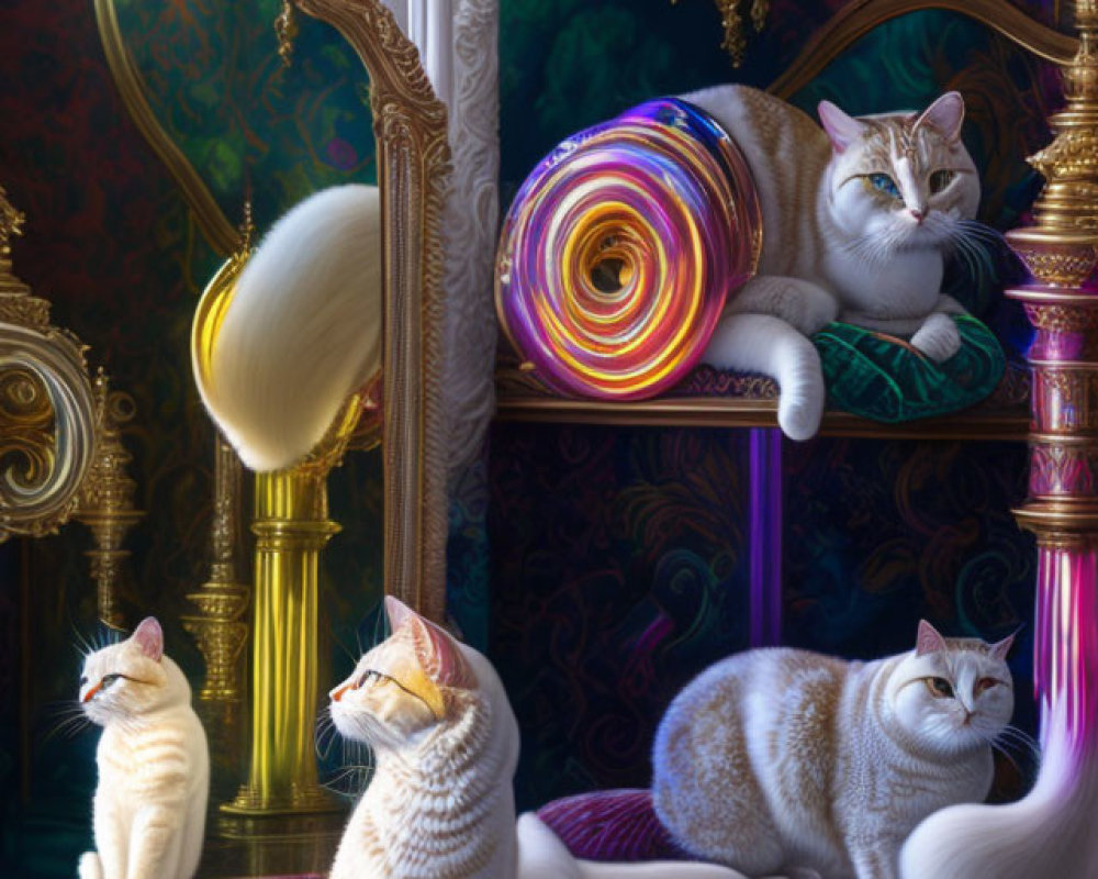 Opulent room with mirrors reflecting cat on luxurious cushion
