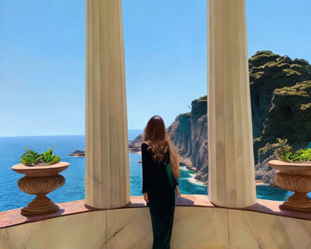 Person in dark dress between columns gazes at ocean view with cliffs and blue sky