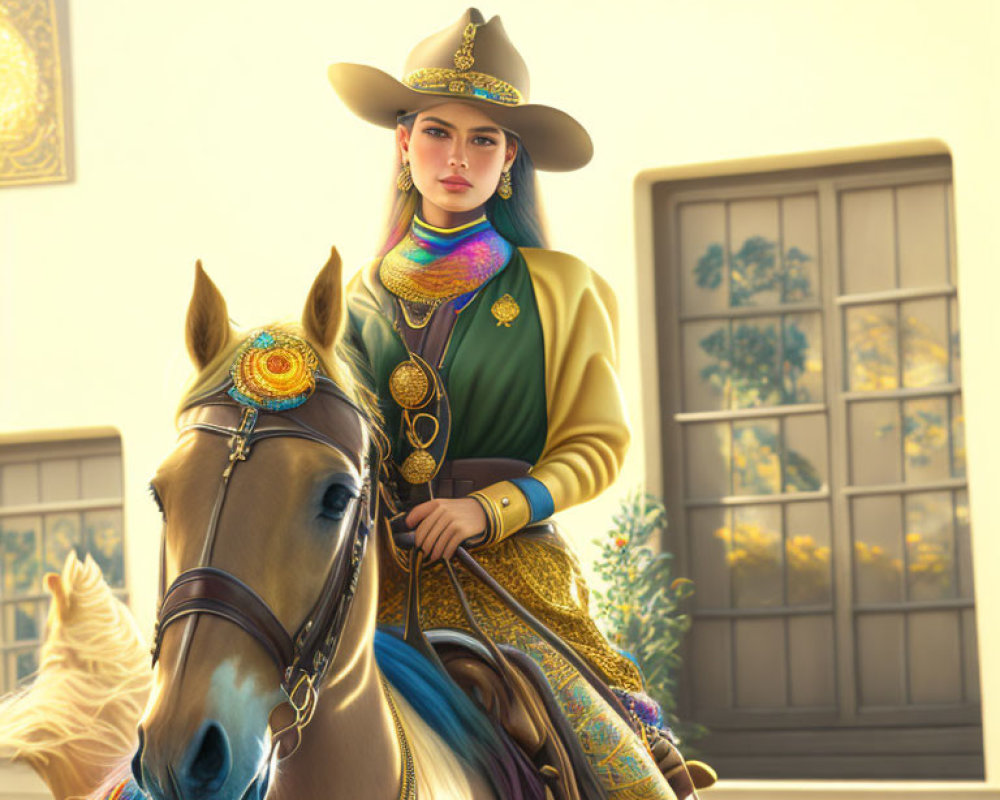 Digital artwork: Woman in equestrian attire on horse near building