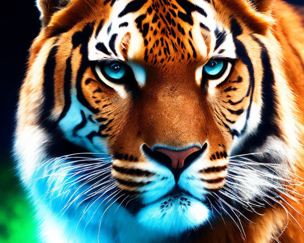 Close-up Tiger Face with Intense Blue Eyes on Blue and Green Background