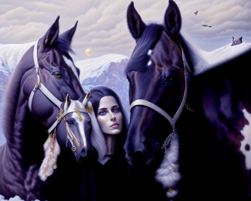 Fantastical image: Woman with striking makeup, horses, purple sky & mountains