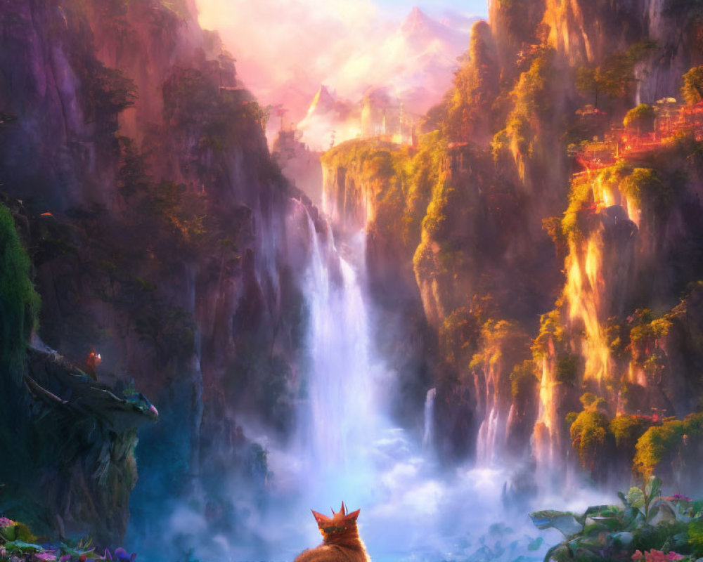 Majestic cat observing waterfall and sunlit castle landscape