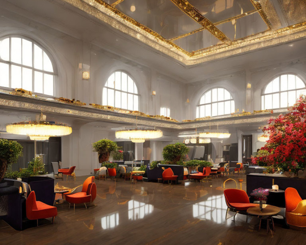 Luxurious Hotel Lobby with High Ceilings, Gilded Accents, and Chandeliers