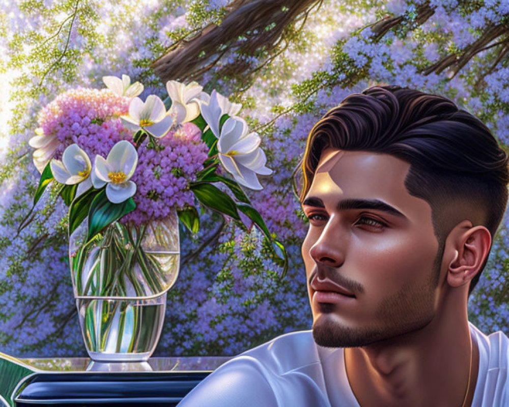 Profile of a man with a well-groomed beard next to white flowers and pink blossoms.