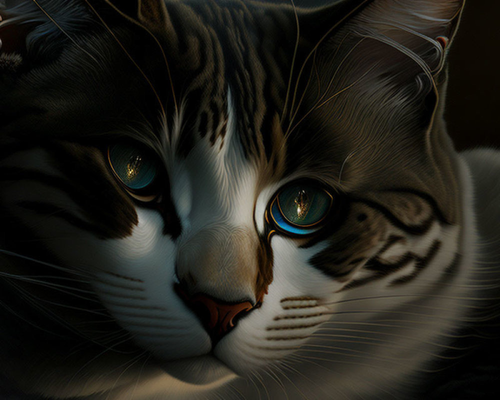 Detailed Close-Up of Domestic Cat with Striking Green Eyes