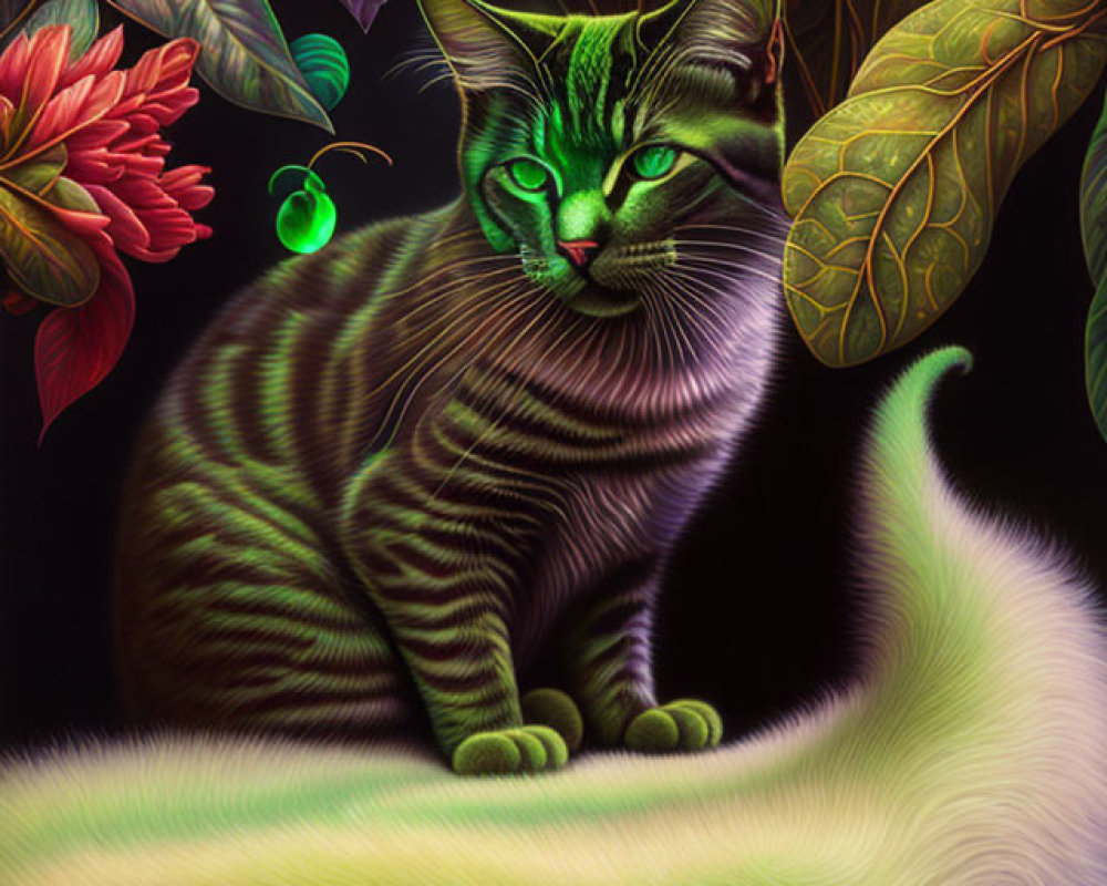 Striped Cat in Lush Foliage with Fluffy Tail in Mysterious Ambiance
