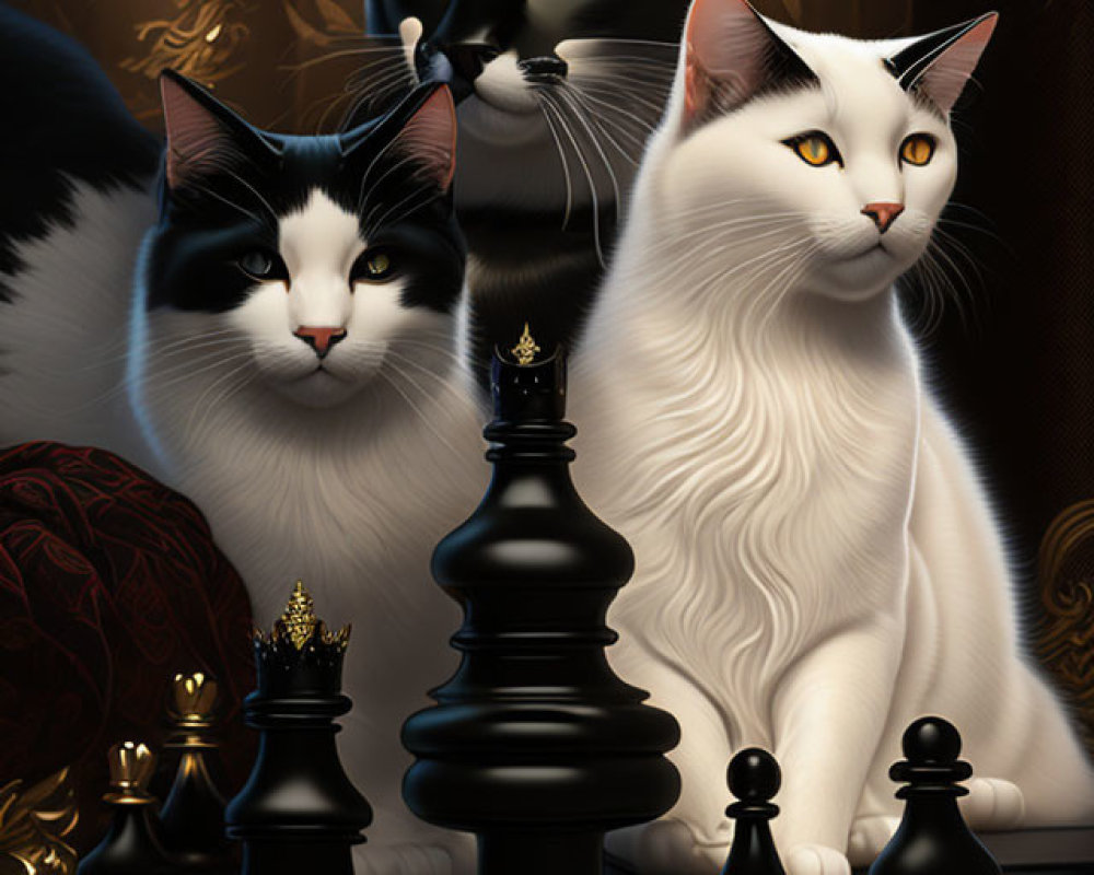 Three Cats with Unique Fur Patterns by Chessboard