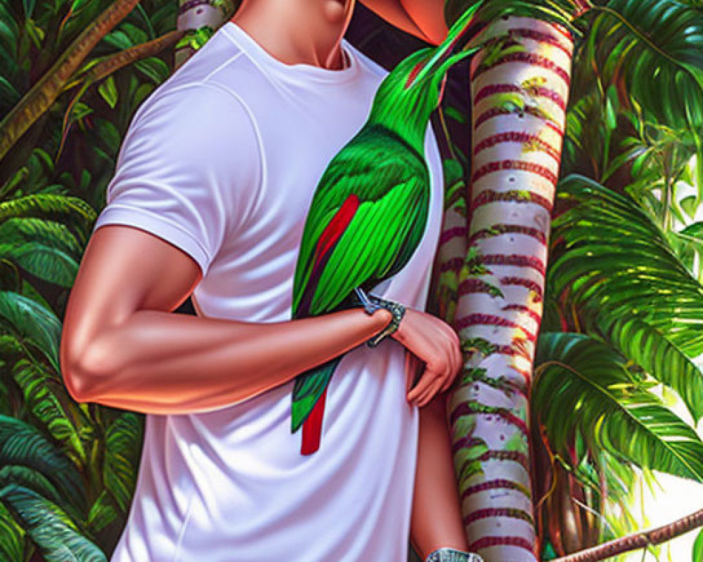 Vibrant jungle scene with young man and colorful birds