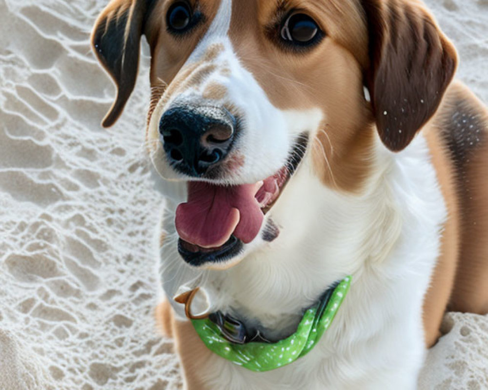 Brown and White Dog with Floppy Ears and Green Collar Sitting on Sand