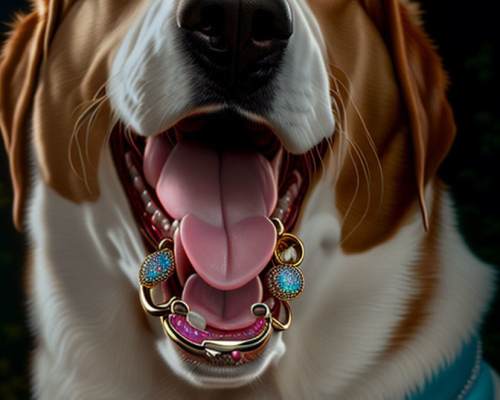 Smiling golden-brown dog with blue bandana and jewelry on black background