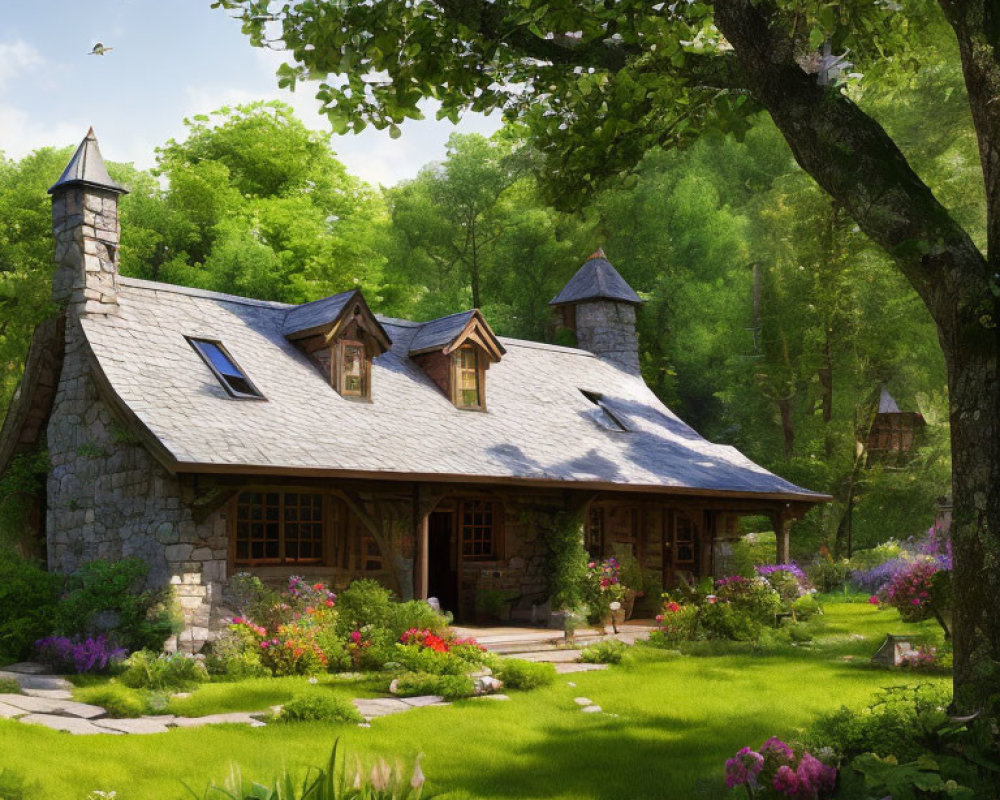 Stone cottage with blue roof in lush garden, bathed in sunlight