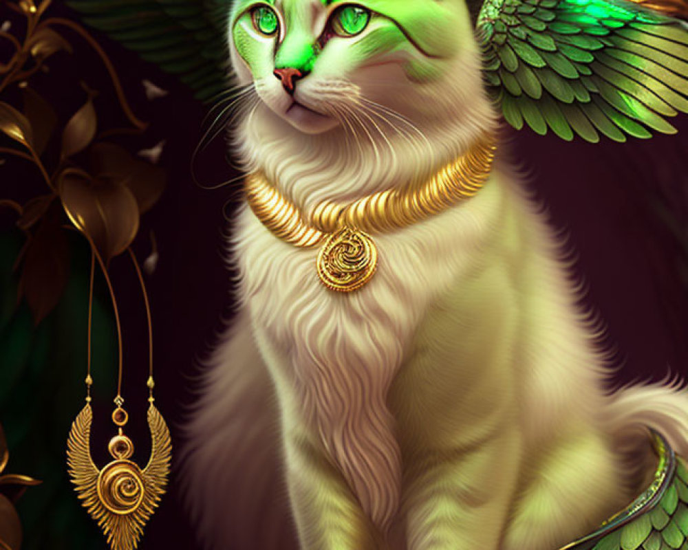 White Cat with Emerald Eyes and Gold Jewelry: Elegant Fantasy Theme