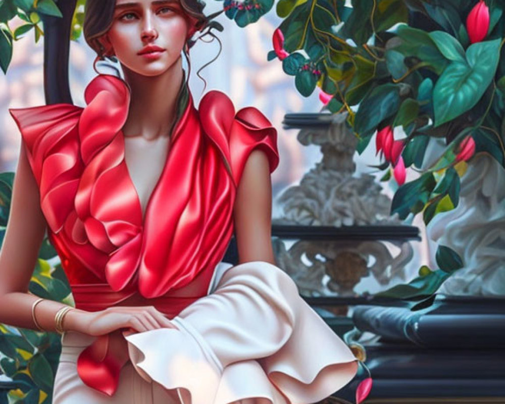 Digital Art: Woman in Red and White Outfit by Balustrade