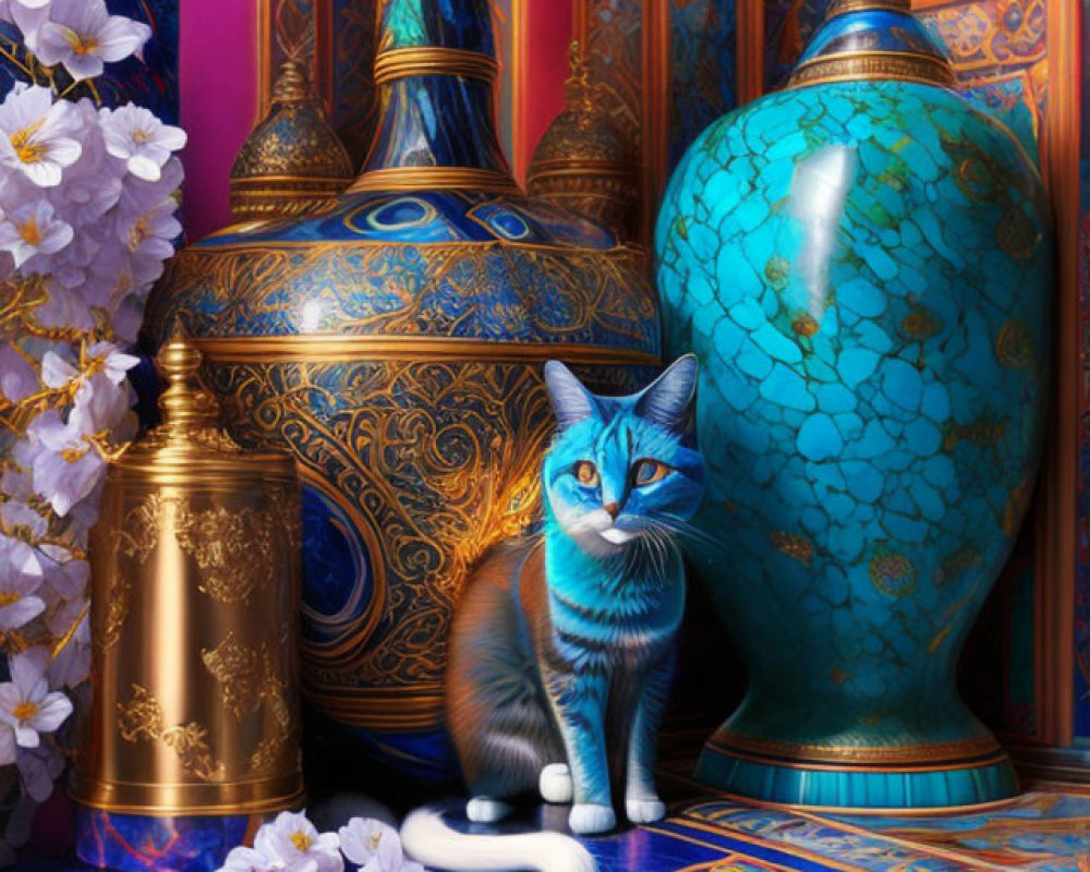 Blue-eyed cat surrounded by golden vases and cherry blossoms in luxurious setting