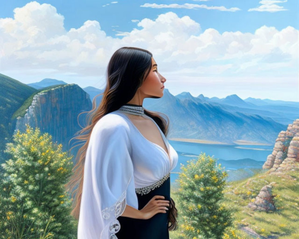 Woman in Black Dress Overlooking Picturesque Valley and Mountains