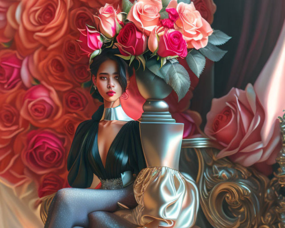 Woman in elegant gown posing with large vase of roses and floral backdrop