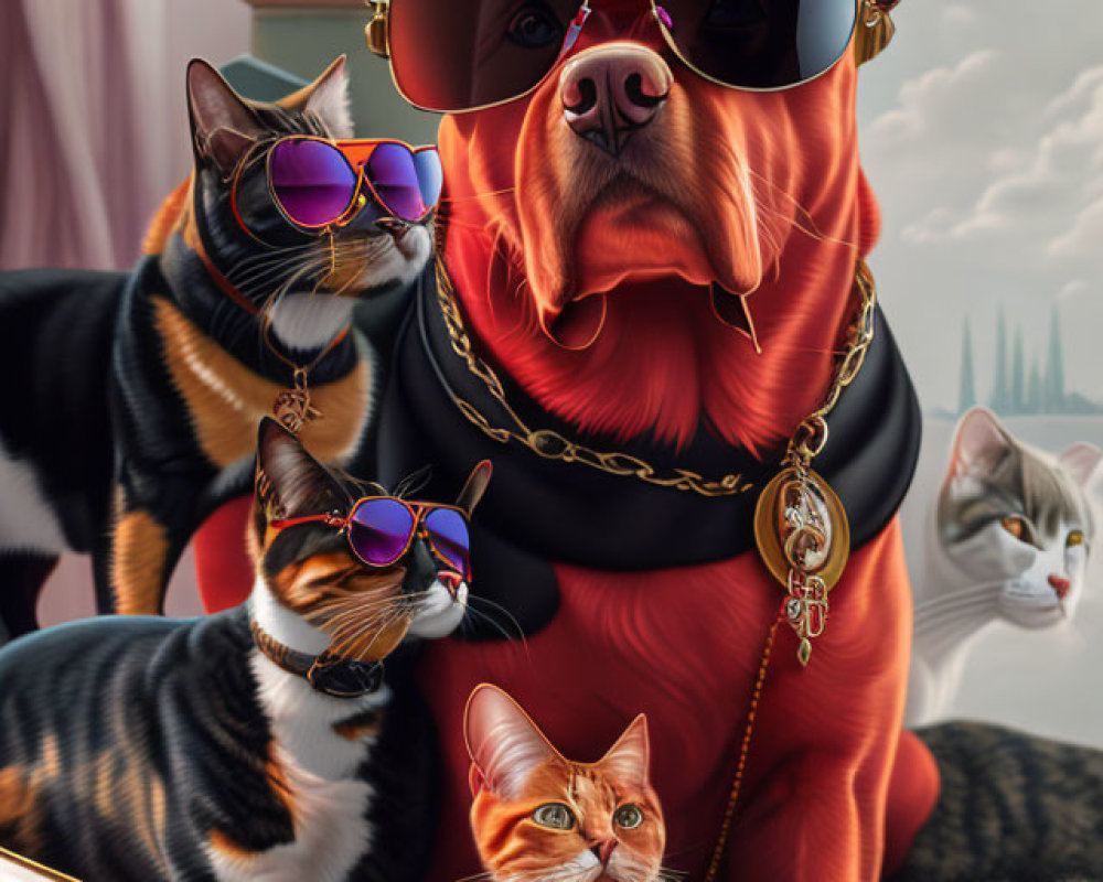 Stylized illustration of dog and cats with sunglasses in urban setting