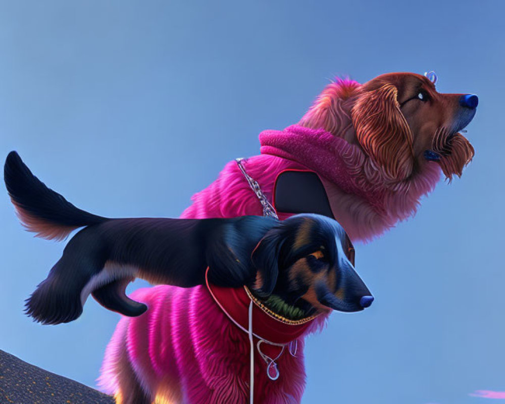 Two Animated Dogs in Matching Pink Jackets Against Blue Sky