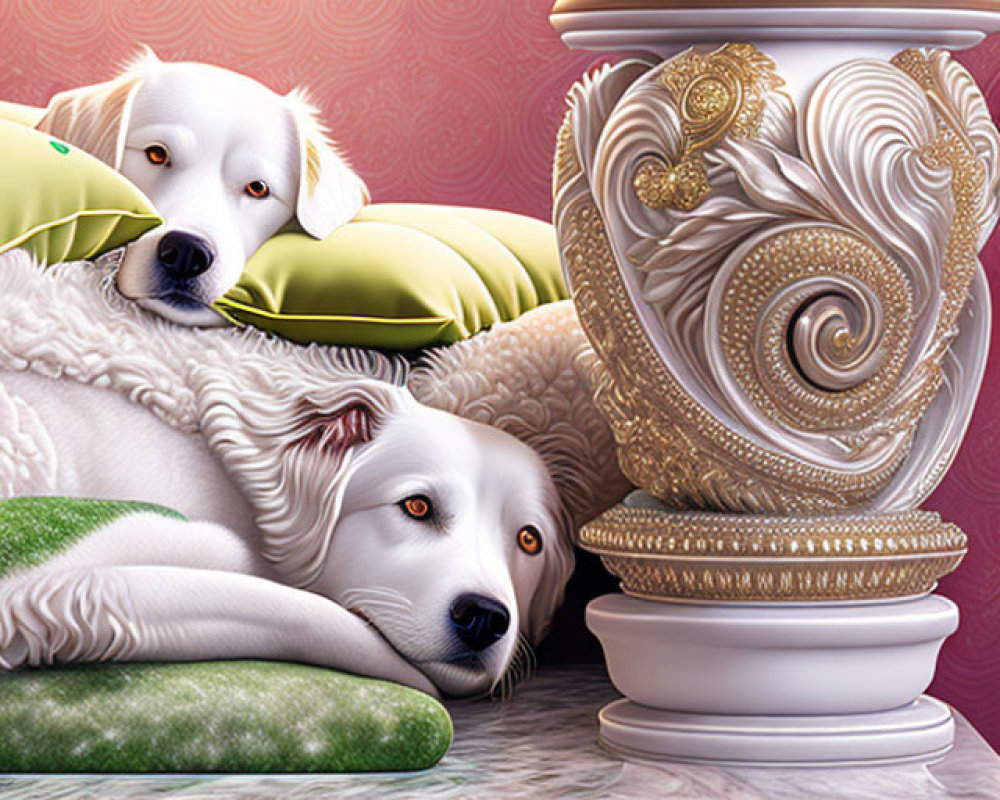 Two Dogs Resting Near Decorative Vase on Pink Background