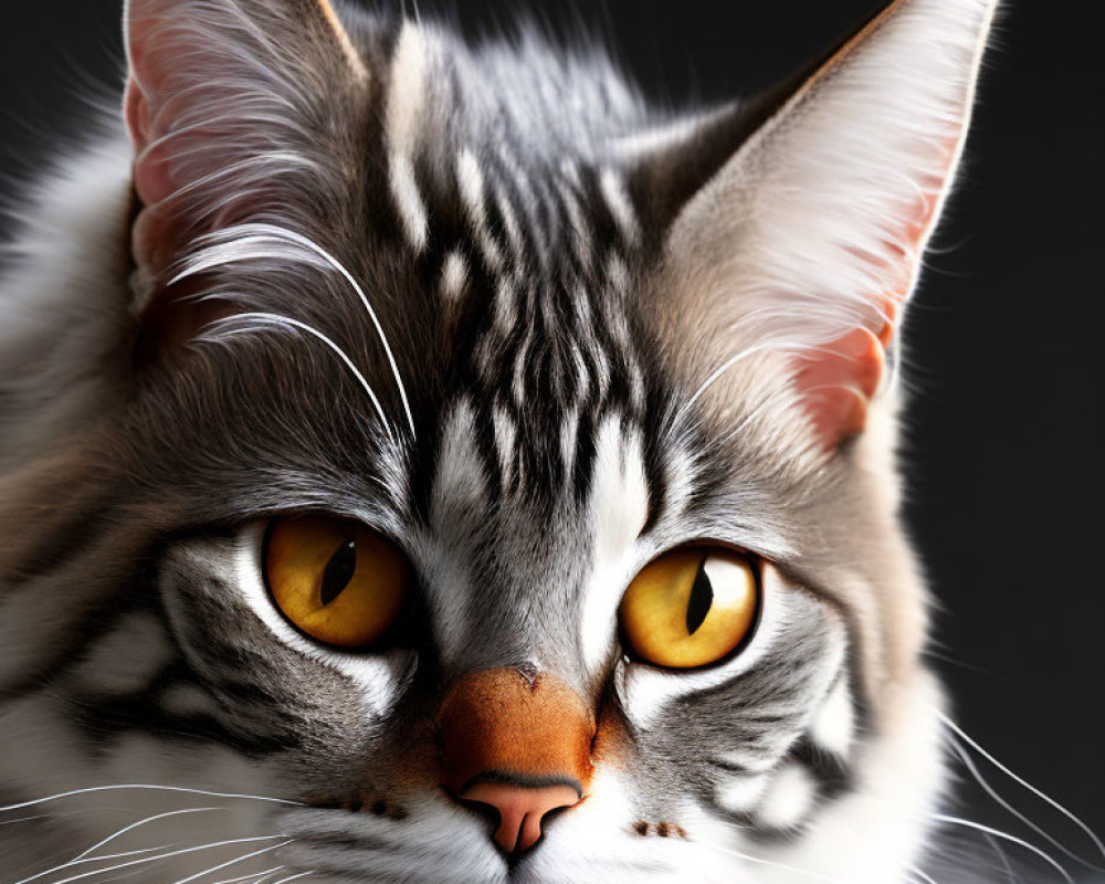 Grey Tabby Cat with Amber Eyes and Striped Fur on Dark Background