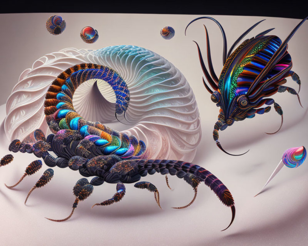 Vibrant digital artwork: Colorful caterpillar and fantastical fish in surreal scene