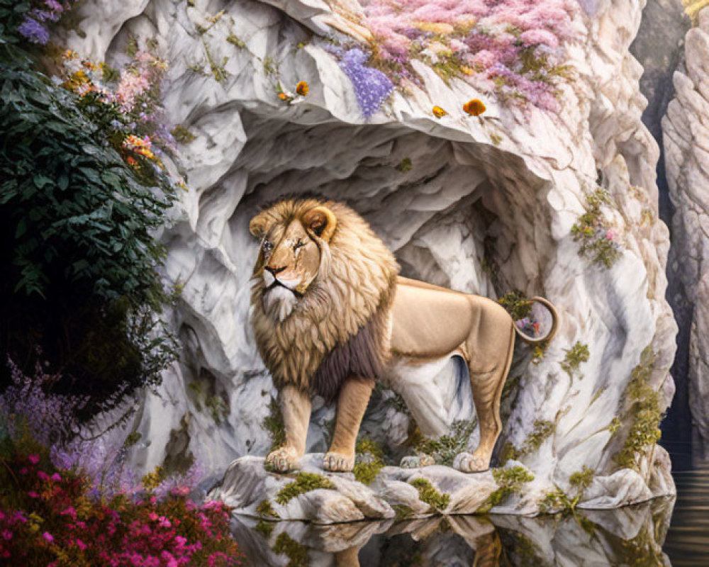 Regal lion on rocky ledge with waterfall and lush vegetation