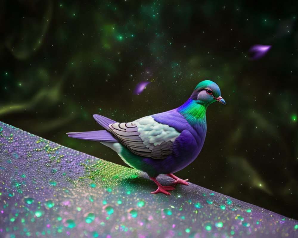 Colorful pigeon on glittery surface with starry green-tinted background