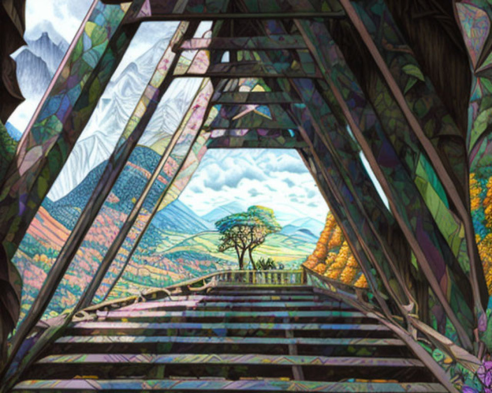Detailed Landscape View Through Triangular Frames Displays Vibrant Mountains, Tree, and Stained Glass Patterns