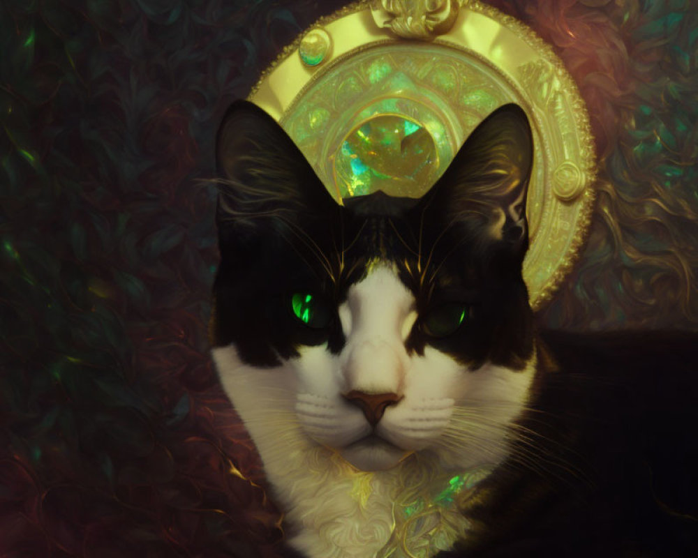 Mystical Black and White Cat with Green Eyes and Golden Halo