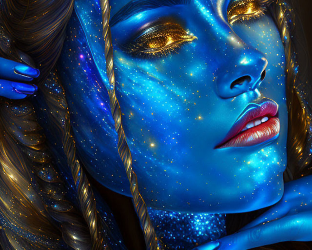 Fantasy portrait of woman with blue starry skin and galaxy hair