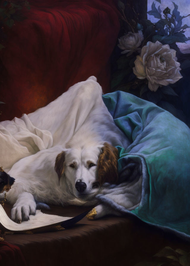 White Dog Resting on Draped Fabrics with Book and Tassels in Floral Setting