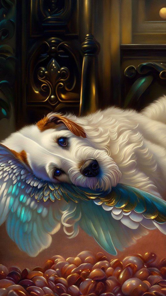 Illustration of white dog with blue wings on pearls near a door