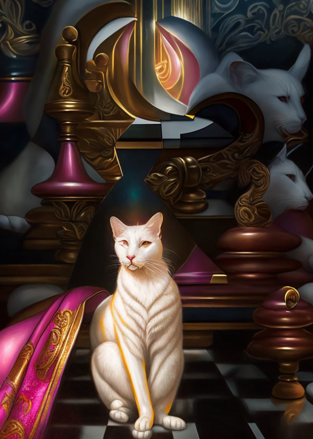 Surreal artwork: white cat on checkerboard floor with oversized furniture