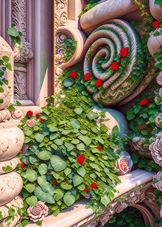 Classical architectural detail with ivy, roses, stone carvings, and spiral designs