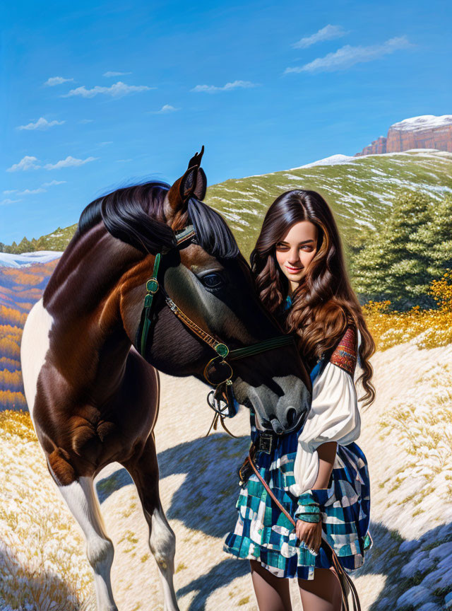 Plaid skirt woman petting brown horse in autumn landscape