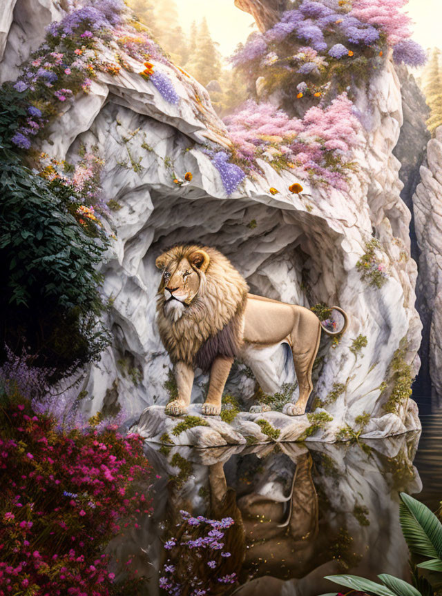 Regal lion on rocky ledge with waterfall and lush vegetation