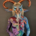 Mystical goat-human hybrid adorned with golden horns and jewelry, blue flowers, purple cloak