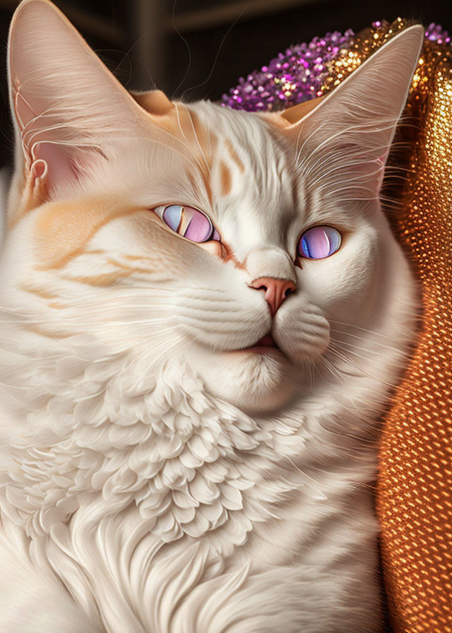 Fluffy white and tan cat with blue eyes on golden cushion with purple flowers